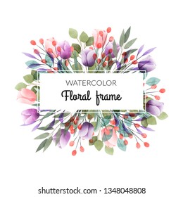 Watercolor floral frame with beautiful leaves. Multipurpose background. 