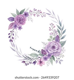 Watercolor floral frame in circular shape with flowers and botanicals, designed for wedding invitations, cards, prints, featuring a clean and artistic round composition