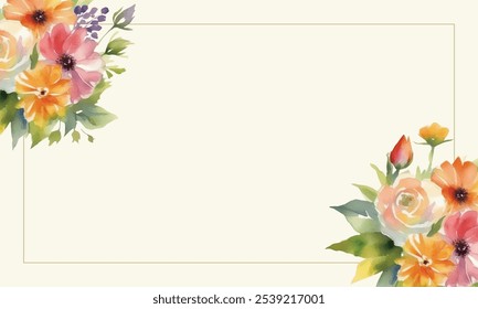 Watercolor Floral Frame Elegant Background. Beautiful watercolor flowers in a delicate arrangement