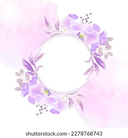 Watercolor floral frame elegant vector image with golden round frame and gently purple flowers. Template for use in design of wedding invitations, postcards, birthday, holidays. 