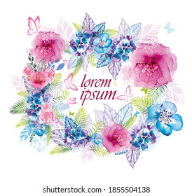 Watercolor floral frame. Hello summer. Greeting card. Vector illustration