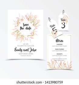 Watercolor floral frame. Invitation card. Wedding stationery.