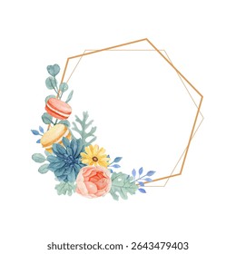 Watercolor floral frame with macaroons, rose, daisy, succulent and dusty miller leaves