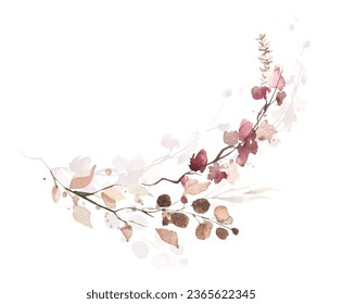 Watercolor floral frame on white. Pink, beige, brown autumn wild flowers, eucalyptus branches, leaves and twigs