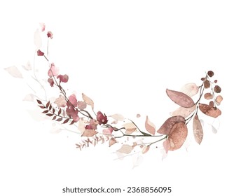 Watercolor floral frame on white. Red, burgundy, brown autumn wild flowers, eucalyptus branches, leaves and twigs