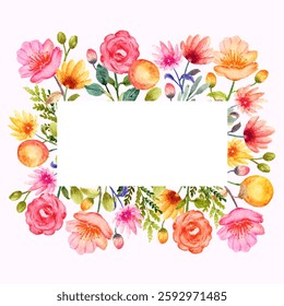 watercolor floral frame with pink and orange flowers on a white background