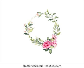 Watercolor Floral Frame of Pink and Peach Roses and Leaves. Summer Floral Decoration Illustration for Wedding Card, Fabric, and Logo Composition
Watercolor Floral Frame with Pink and Peach Roses 