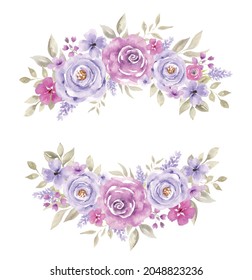 Watercolor floral frame. Purple Flowers, roses and peonies. Floral arrangements for greeting card or wedding invitation.