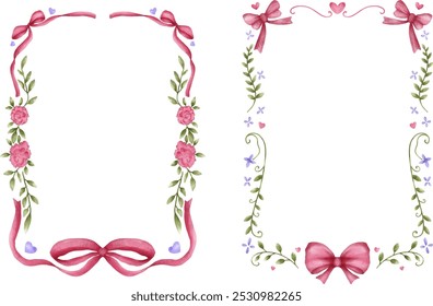 Watercolor Floral frame set with ribbon bow and love element.