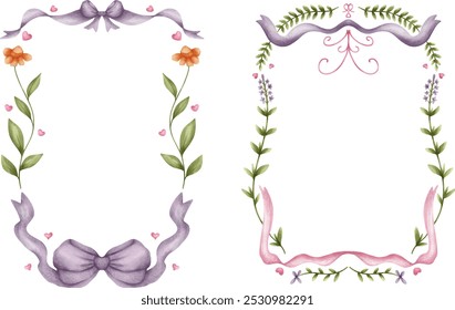 Conjunto de moldura floral aquarela com arco de fita e elemento amor.