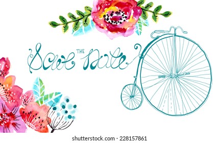 Watercolor floral frame for wedding invitation, save the date illustration with retro bicycle