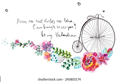Watercolor floral frame for wedding invitation, save the date illustration with retro bicycle, Valentine's day decorations