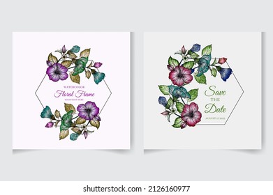 Watercolor floral frame, wreath - flowers, leaves, and branches with geometric shape for wedding invites, greeting cards, wallpapers, fashion, background. Eucalyptus, pink roses, fabric, green leaves.