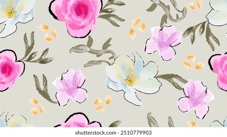 Watercolor Floral gentle bright Big Flowers Pattern. Could be used For Dress, wallpapers, print, gift wrap and scrapbooking.	