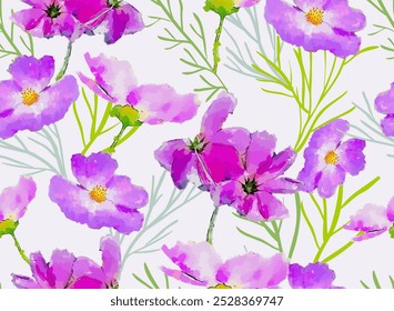 Watercolor Floral gentle bright Cosmea flowers pattern. Could be used For Dress, wallpapers, print, gift wrap and scrapbooking.