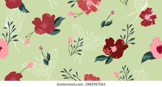 Watercolor Floral gentle Rose flowers with branches and Butterflies pattern. Could be used For Dress, wallpapers, print, gift wrap and scrapbooking.