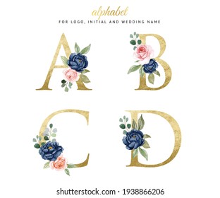 Watercolor floral gold alphabet set of A, B, C, D with navy and peach flowers . for logo, cards, branding, etc