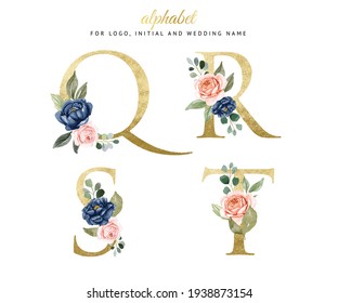 Watercolor floral gold alphabet set of Q, R, S, T with navy and peach flowers . for logo, cards, branding, etc