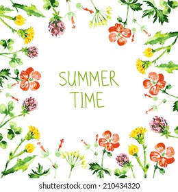 Watercolor floral greeting card. Vintage retro background with wildflowers. Summer vector background 