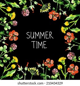 Watercolor floral greeting card. Vintage retro background with wildflowers. Summer vector background 
