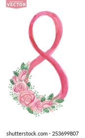 Watercolor Floral group of pink roses ,buds,figure eight.Cute vintage flowers  for Greeting card with 8 March,women day.Hand drawing painting.Vector for invitation,card,template.