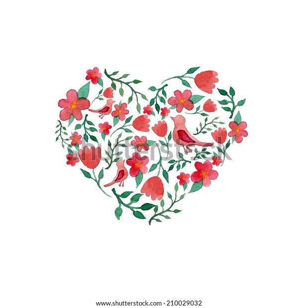 Watercolor Floral Heart Art Print Birds Stock Vector (Royalty Free ...