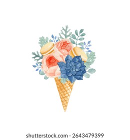 Watercolor floral ice cream with macaroons, rose, dusty miller, eucalyptus and succulent