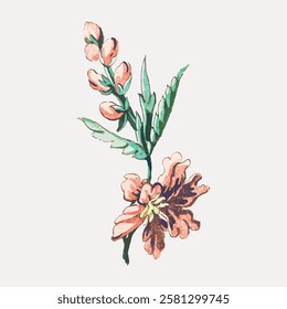 Watercolor floral illustration with pink flowers and green leaves. Delicate floral design with pink blooms. Artistic pink flower and green leaf arrangement. Vintage flower illustration, vector.