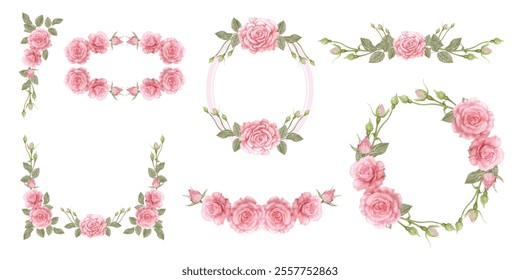 Watercolor floral illustration. Pink roses and leaves bouquet. border, wreath, frame. Perfect wedding stationary, greetings, fashion, background