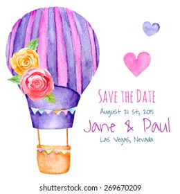 Watercolor floral illustration. Romantic card of hand drawn balloon and roses for design. Vector background for invitation, wedding and greeting cards. 