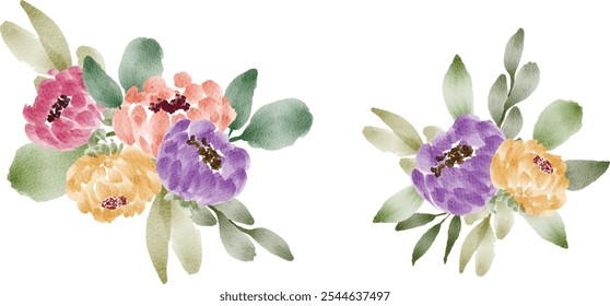 Watercolor floral illustration set. DIY blush Peony flower, green leaves individual elements collection - for bouquets, wreaths, wedding invitations, anniversary, birthday, postcards, greetings.