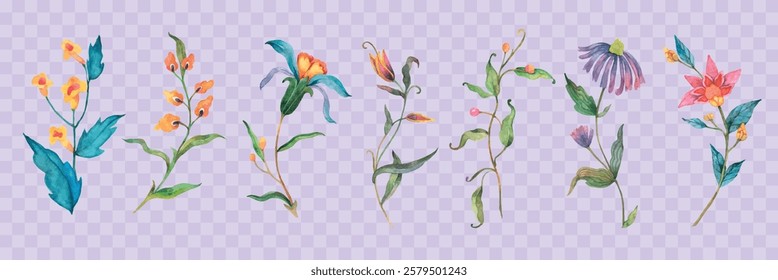 Watercolor floral illustrations of various flowers with delicate petals and vibrant colors. Artistic floral designs with watercolor texture and floral elegance. Watercolor element vector set.