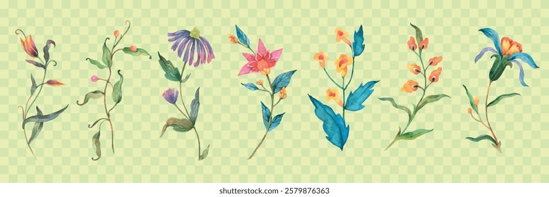 Watercolor floral illustrations of various flowers with delicate petals and vibrant colors on a light background. Artistic floral designs with watercolor effects. Watercolor element vector set.