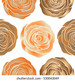 Watercolor floral image with brown, orange and beige rose flowers. Vector seamless pattern on a white background.