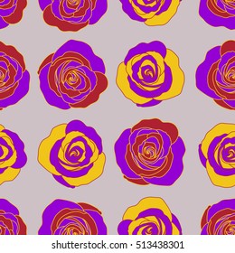 Watercolor floral image with gray, violet and yellow rose flowers. Vector seamless pattern in gray, violet and yellow colors.