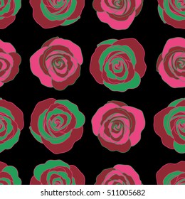 Watercolor floral image with green and pink rose flowers. Vector seamless pattern on a black background.