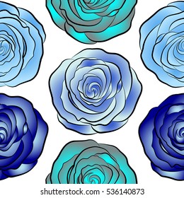 Watercolor floral image with neutral and blue rose flowers. Vector seamless pattern on a white background.