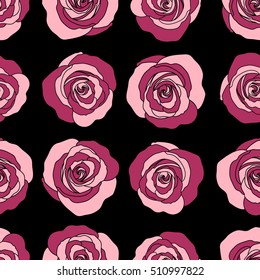 Watercolor floral image with red rose flowers. Vector seamless pattern on a black background.