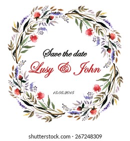 Watercolor floral invitation with flowers and herbs. Watercolor. Vector illustration. Illustration for greeting cards, invitations, and other printing projects.