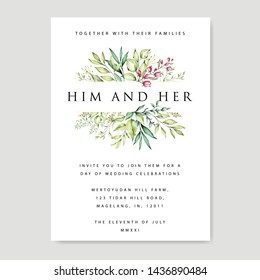 watercolor floral and leaves wedding invitation card set