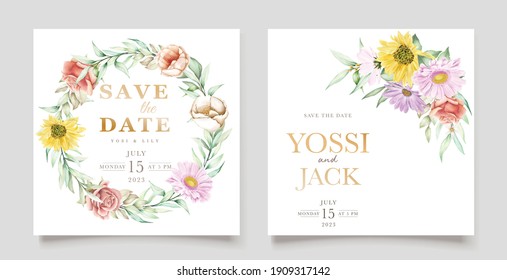 watercolor floral and leaves wedding invitation card set