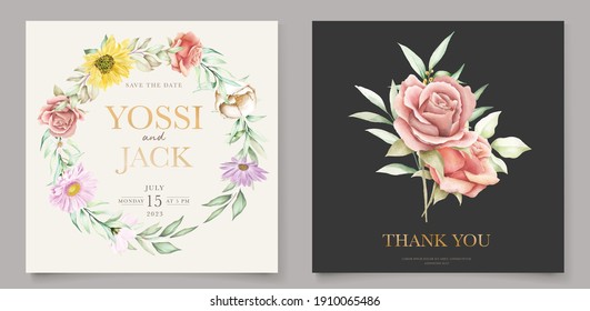 watercolor floral and leaves wedding invitation card set