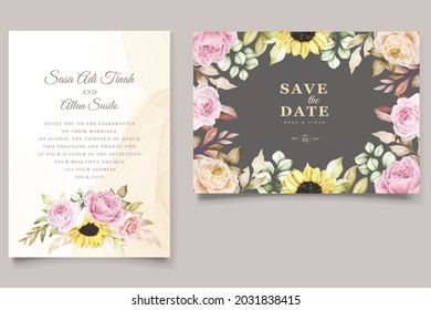 watercolor floral and leaves wedding invitation card set