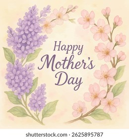 Watercolor floral Mother's Day card with lilac and cherry blossom wreath. Elegant pastel illustration perfect for greeting cards, spring holidays, invitations, and seasonal celebration designs.