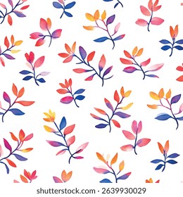 Watercolor floral pattern. Watercolor background with branches with leaves. Bright botanical elements watercolor in a pattern. Elements for background, print, textile, etc. Floral pattern.
