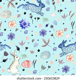 Watercolor floral pattern with Easter eggs and bunnies. Hand painting. Watercolor. Seamless pattern for fabric, paper and other printing and web projects.