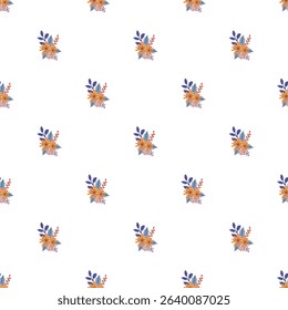 Watercolor floral pattern featuring colorful orange and blue blossoms arranged in a seamless, minimalistic design. Ideal for backgrounds, textiles,