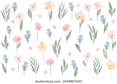 Watercolor floral pattern with flowers and leaves. Spring and summer watercolor flower element vector set. Watercolor hand painted botanical floral.