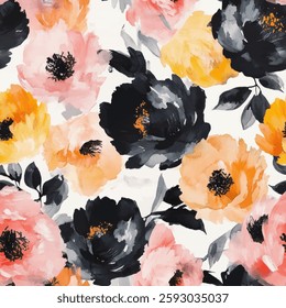 Watercolor floral pattern, large flowers in black and peach on a white background, watercolor flower seamless pattern. Watercolor print in rustic vintage style, textile or wallpapers.
