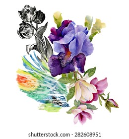 Watercolor floral pattern on white background with summer garden iris flowers vector illustration